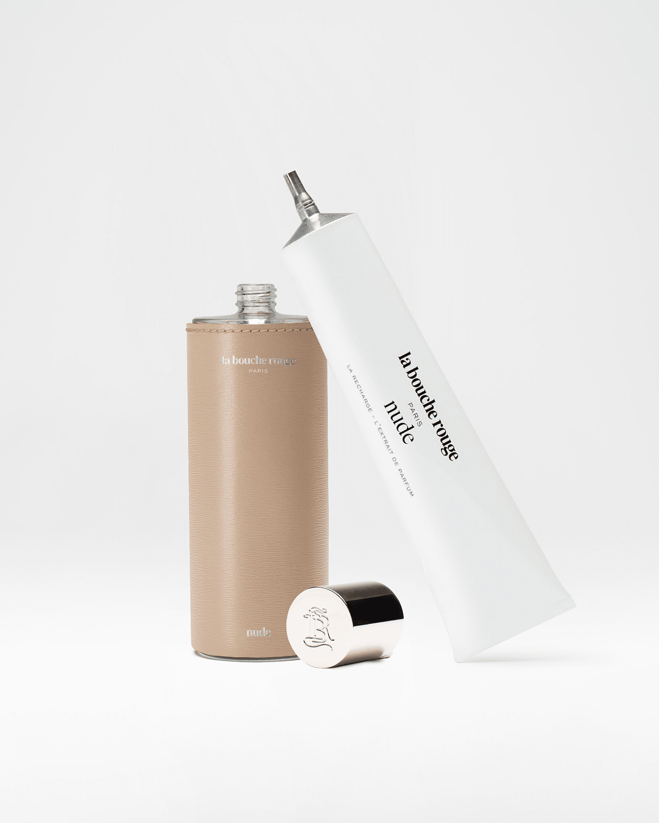Recharge de parfum Nude La Bouche Rouge Paris, flacon de 100ml, extrait de parfum élégant et minimaliste.