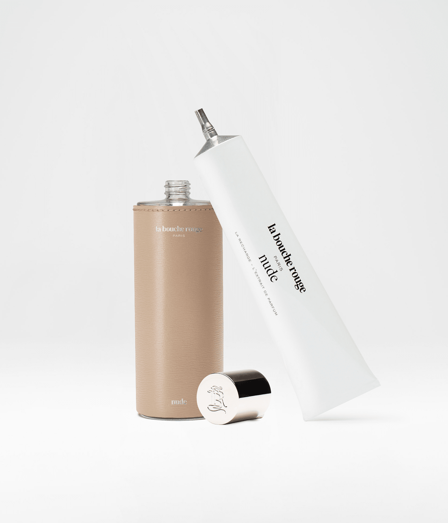 Recharge de parfum Nude La Bouche Rouge Paris, flacon de 100ml, extrait de parfum élégant et minimaliste.