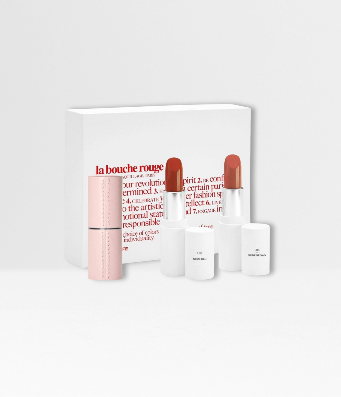 Coffret rouge à lèvres La Bouche Rouge avec écrin en cuir rose, contenant les teintes Nude Red et Nude Brown