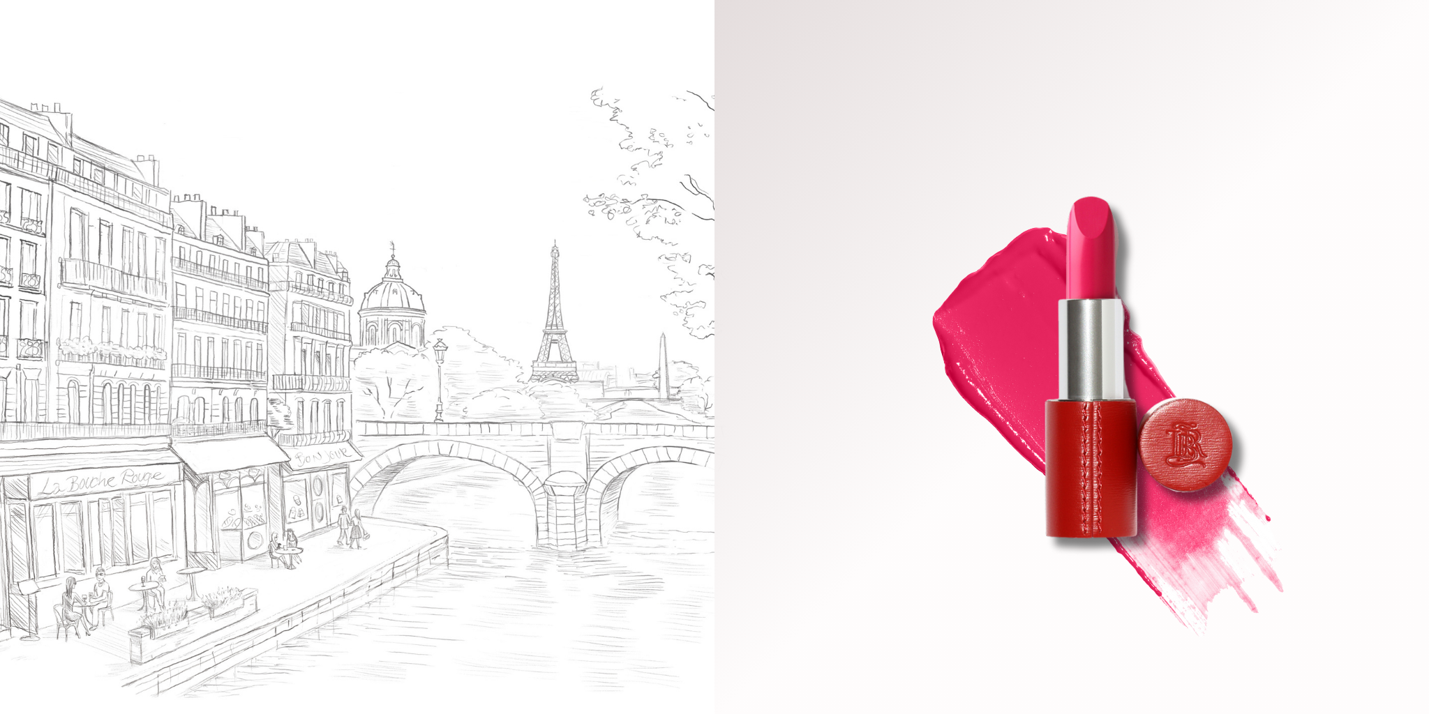 Rouge à lèvres La Bouche Rouge  teinte rose Palais Royal dans un écrin rechargeable rouge devant une texture rose vif, et croquis parisien représentant la bune vue de paris, la seine et la Tour Eiffel