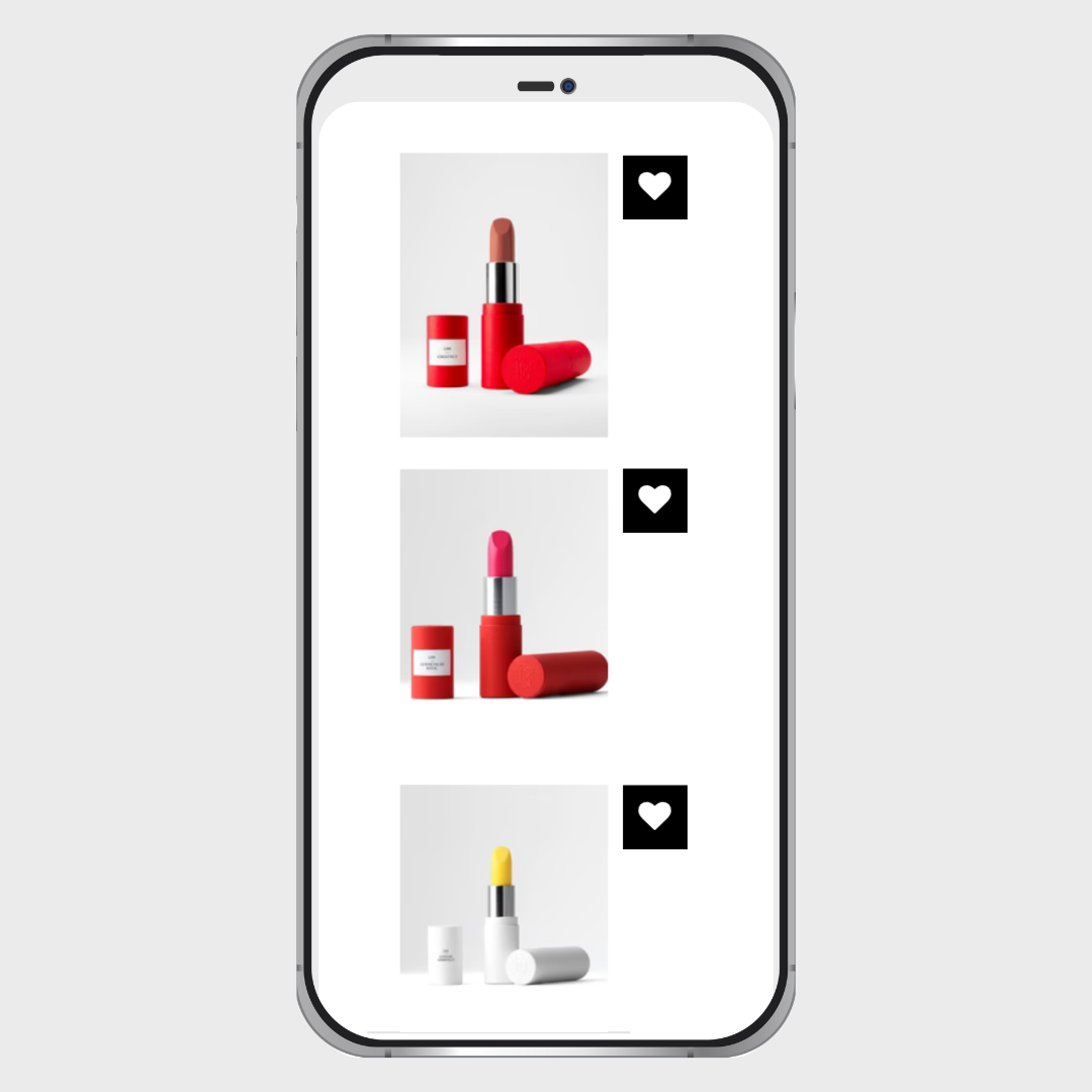 Affichage mobile de la wishlist avec trois recharges de baule, rouges à lèvres La Bouche Rouge