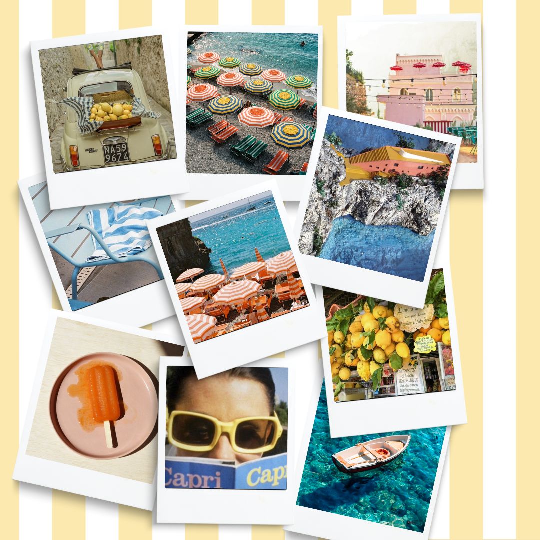 Moodboard Dolce Vita illustrant l’univers estival de Capri : parasols rayés, citrons, sorbets, paysages méditerranéens et détails vintage italiens