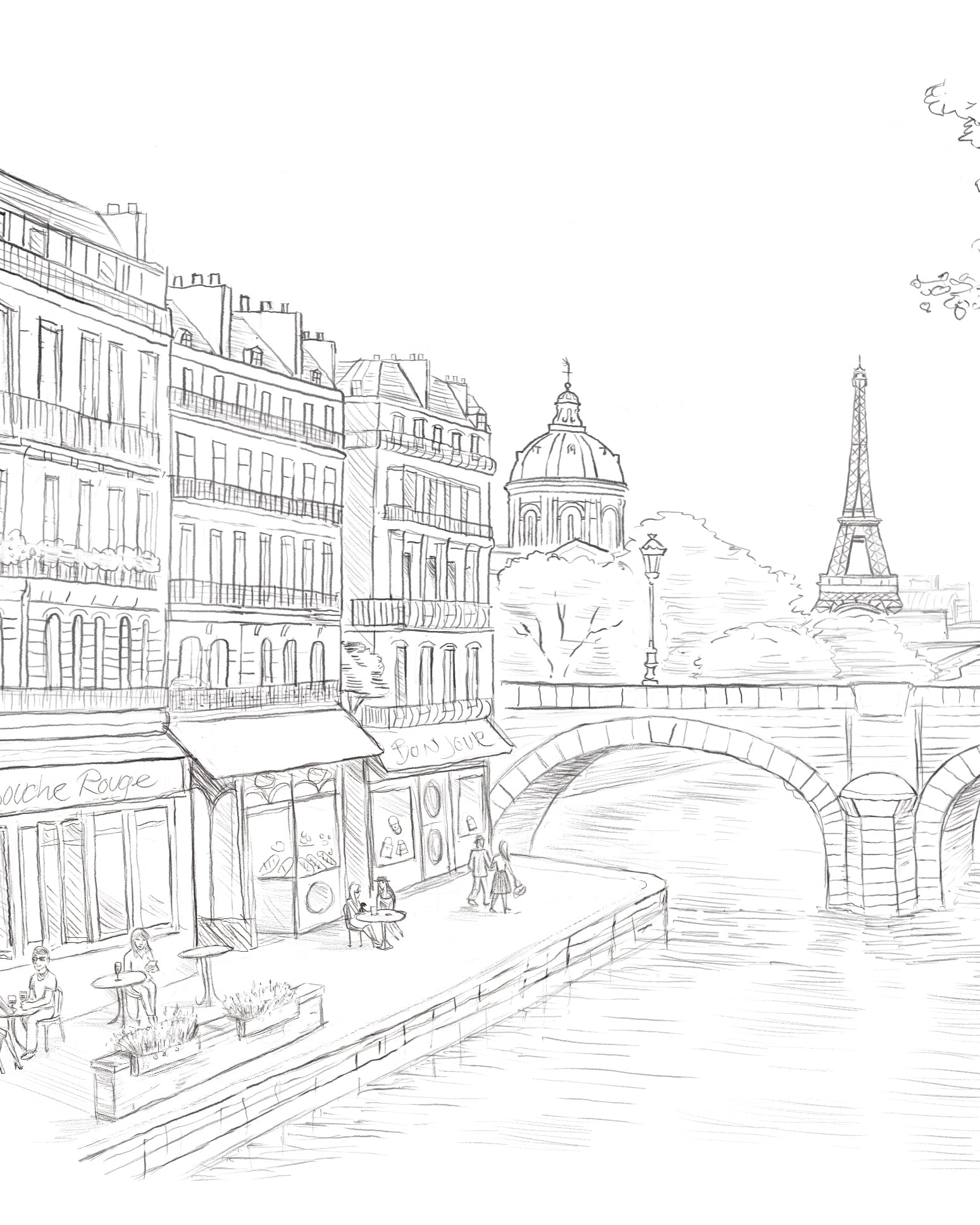 Illustration d'une vue typique de Paris avec la Seine et la Tour Eiffel