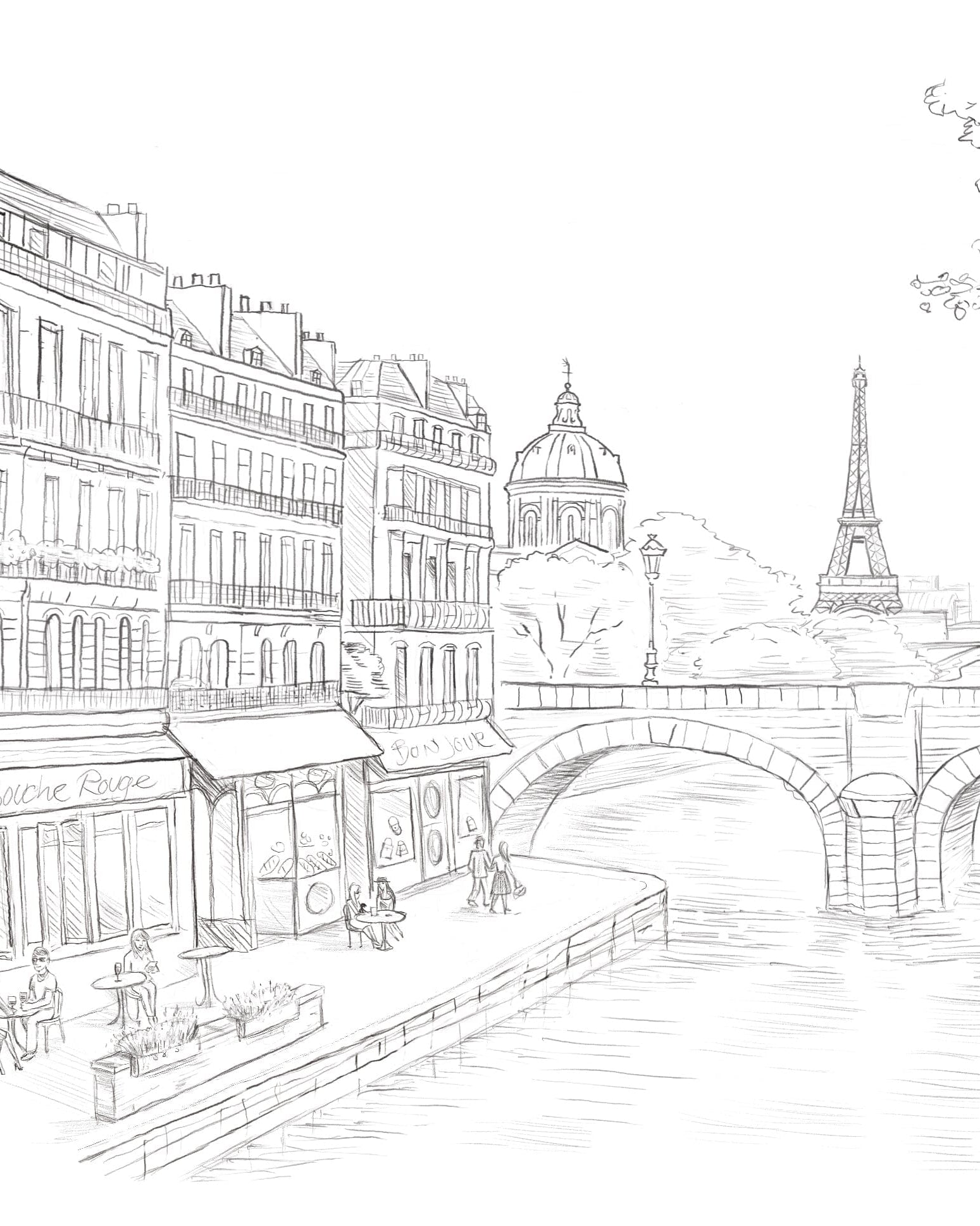 Illustration d'une vue typique de Paris avec la Seine et la Tour Eiffel