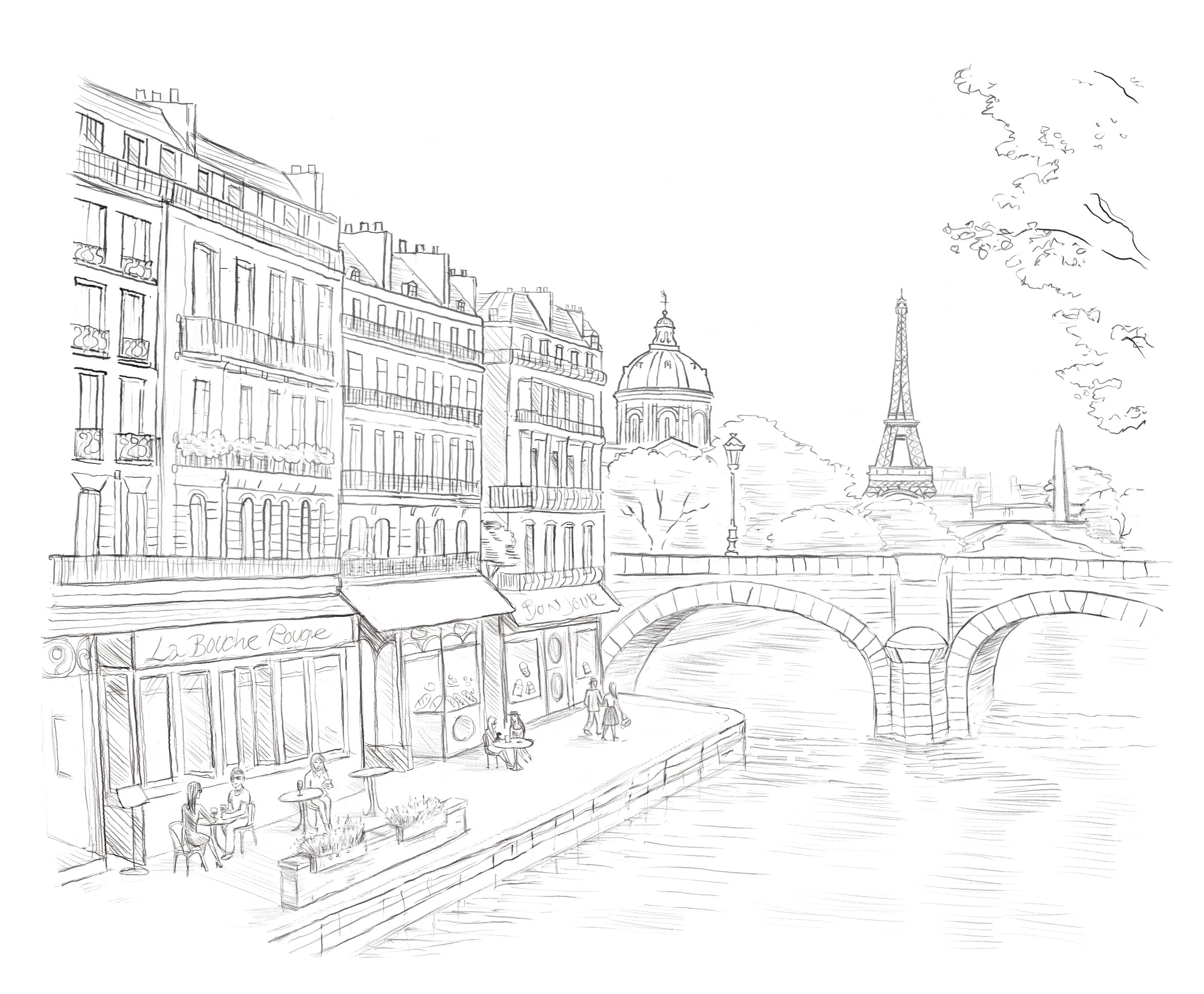 Illustration d'une vue typique de Paris avec la Seine et la Tour Eiffel