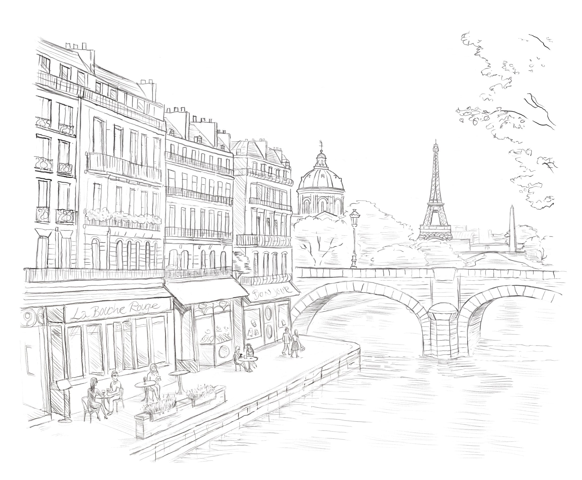 Illustration d'une vue typique de Paris avec la Seine et la Tour Eiffel