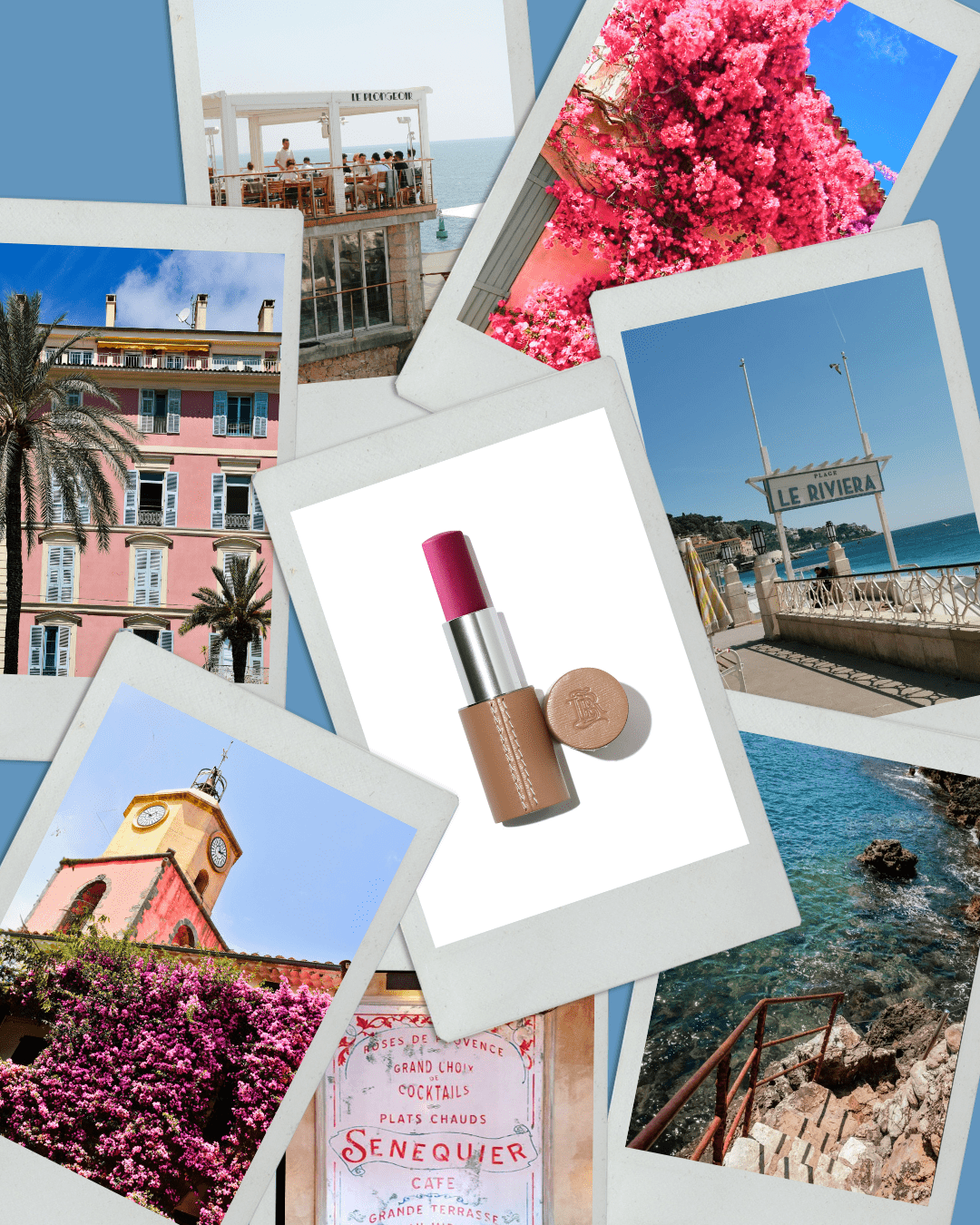 Moodboard collection d'été French Riviera : blush neon rose La Bouche Rouge mêlés à des photos vintage et paysages iconiques de la Côte d’Azur 