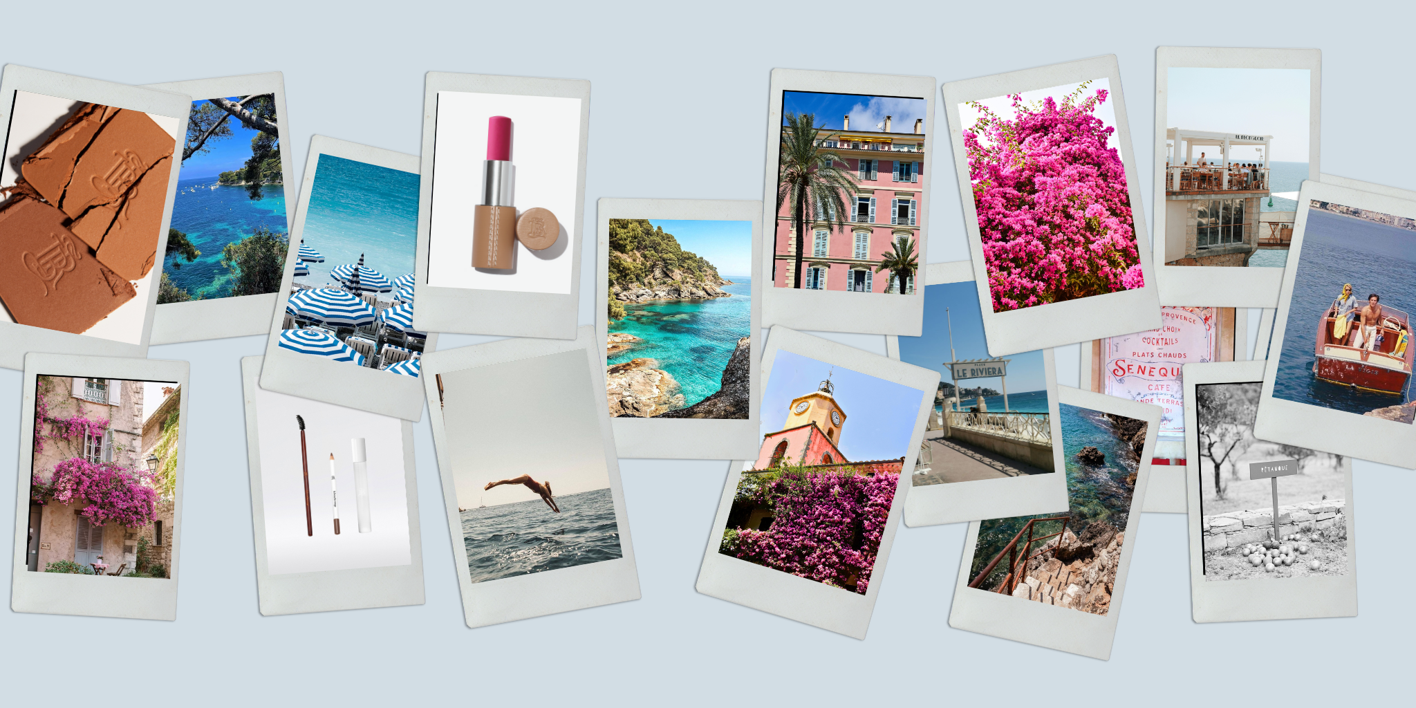 Moodboard collection d'été French Riviera : poudre de soleil, blush, rouges à lèvres kit sourcils La Bouche Rouge mêlés à des photos vintage et paysages iconiques de la Côte d’Azur 