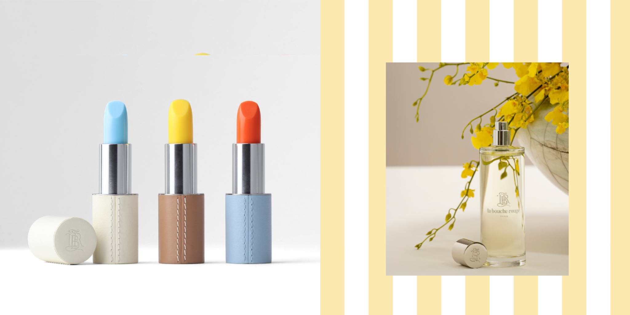 Visuel d’ambiance Capri : trio de baumes teintés La Bouche Rouge dans des écrins encuir et flacon du parfum Capri avec fleurs jaunes sur fond rayé