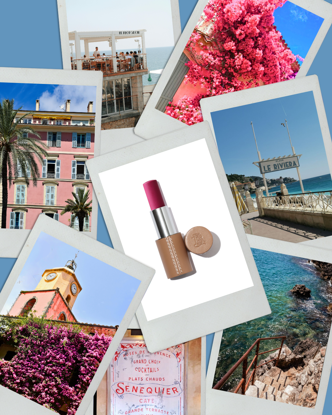 Moodboard collection d'été French Riviera : blush neon rose La Bouche Rouge mêlés à des photos vintage et paysages iconiques de la Côte d’Azur 